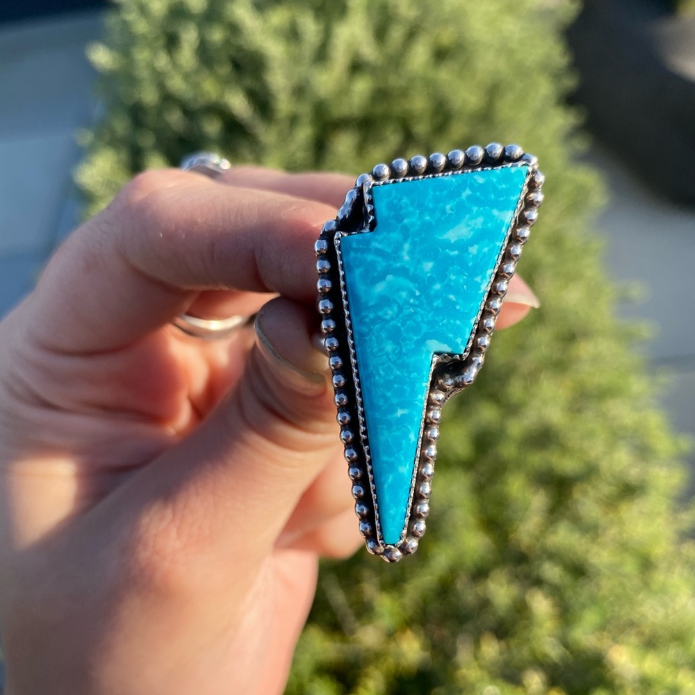 BIG Sonora Blue Turquoise Thunderbolt and Sterling Silver Ring-8.25